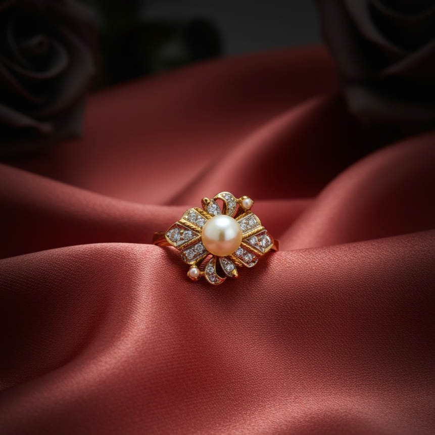 Gold ring with a pearl and diamonds on a red satin surface
