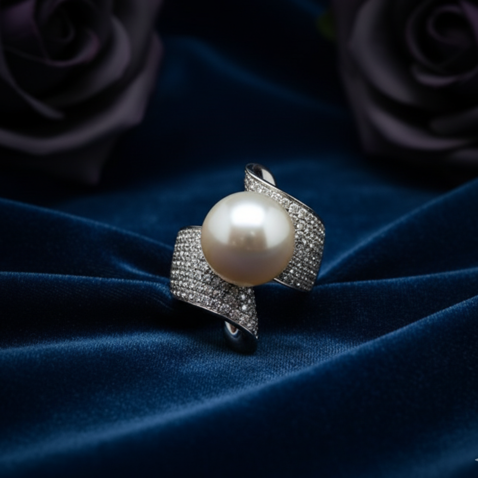 Pearl ring with diamond accents on a blue fabric background