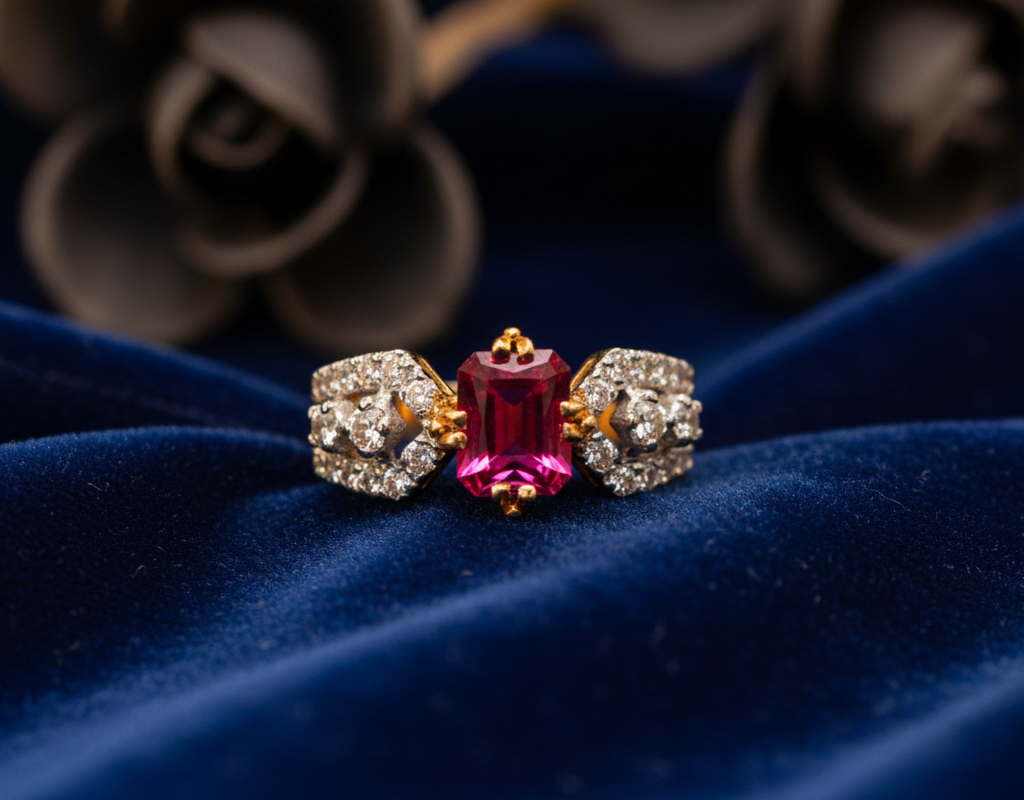 QURBAT - Square Ruby & Diamond Gold Ring