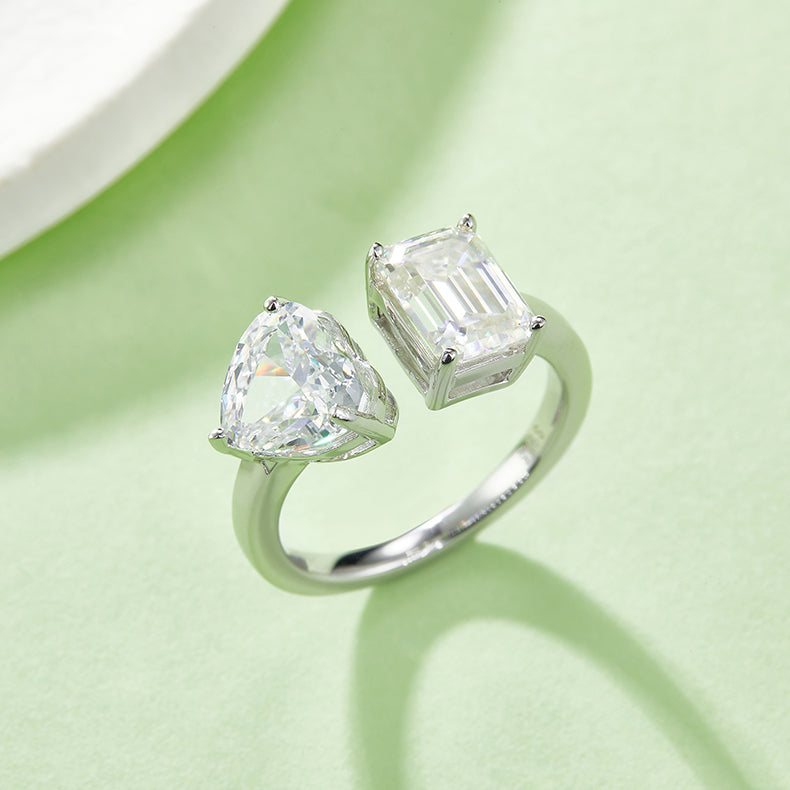 Moissanite Eternity Heart & Emerald-Cut Silver Ring