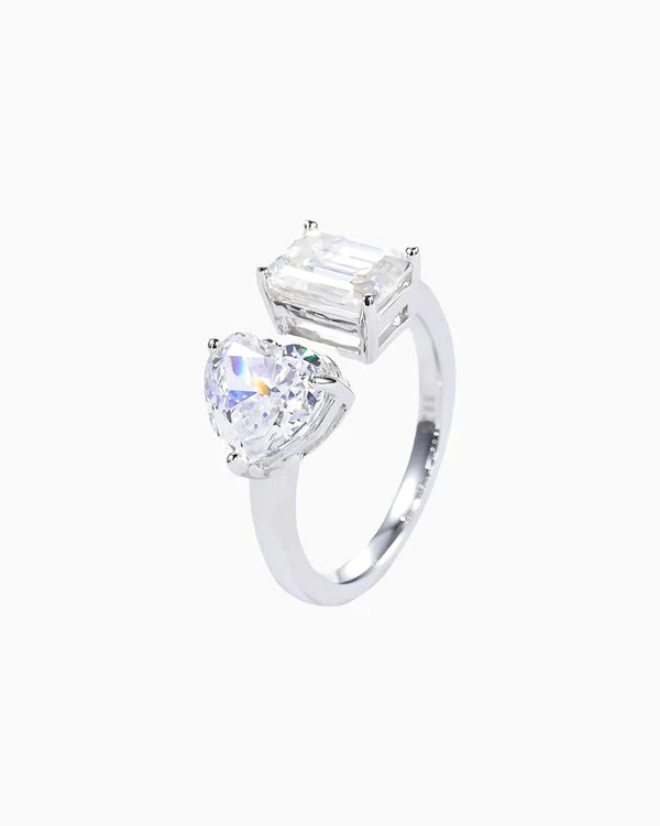 Moissanite Eternity Heart & Emerald-Cut Silver Ring