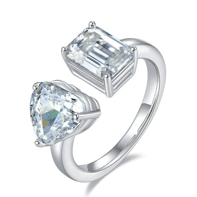 Moissanite Eternity Heart & Emerald-Cut Silver Ring